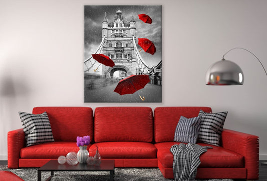 UK Tower Bridge Back & White Red Umbrellas Print 100% Australian Made