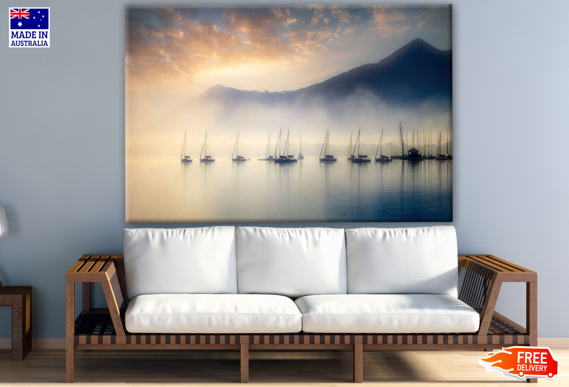 Misty River with Boats & Mountain View Photograph Print 100% Australian Made