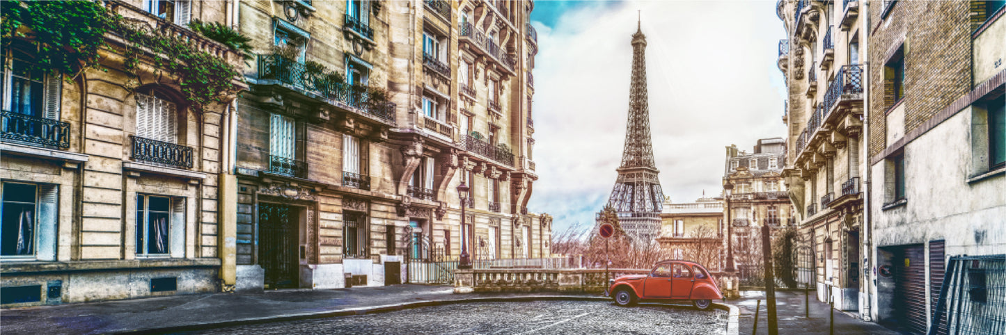 Panoramic Canvas Paris Street with View on the Eiffel Tower High Quality 100% Australian made wall Canvas Print ready to hang