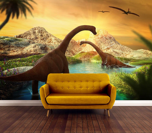 Wallpaper Murals Peel and Stick Removable Dinosaurs in Lake High Quality