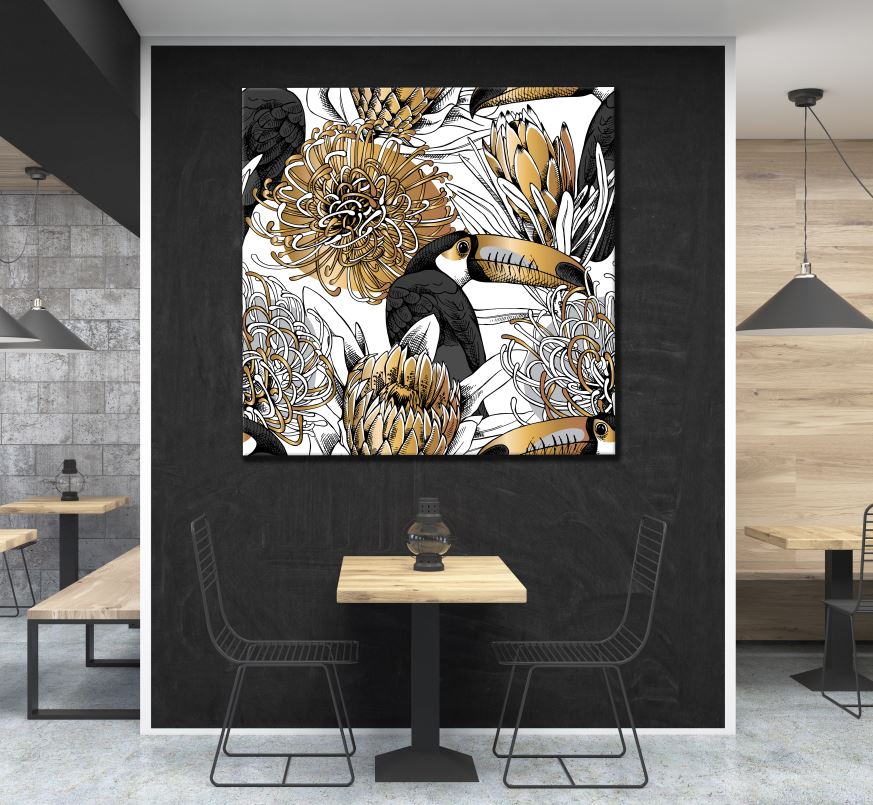 Square Canvas Gold & Black Floral & Bird Design High Quality Print 100% Australian Made