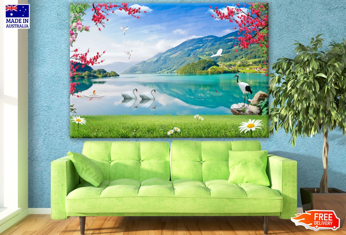 Swans on Lake Scenery View Print 100% Australian Made