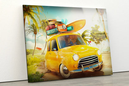 Yellow Car with Surf Boards Photograph Acrylic Glass Print Tempered Glass Wall Art 100% Made in Australia Ready to Hang