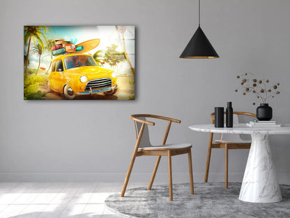 Yellow Car with Surf Boards Photograph Acrylic Glass Print Tempered Glass Wall Art 100% Made in Australia Ready to Hang