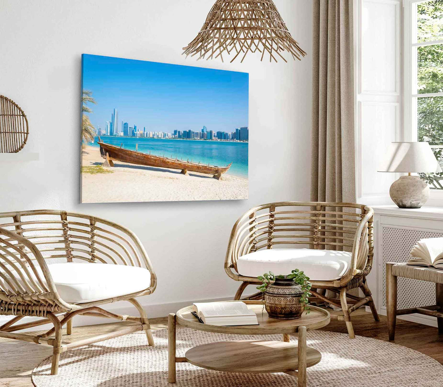 Bella Home Wooden Boat near Sea Abu Dhabi Print Canvas Ready to hang