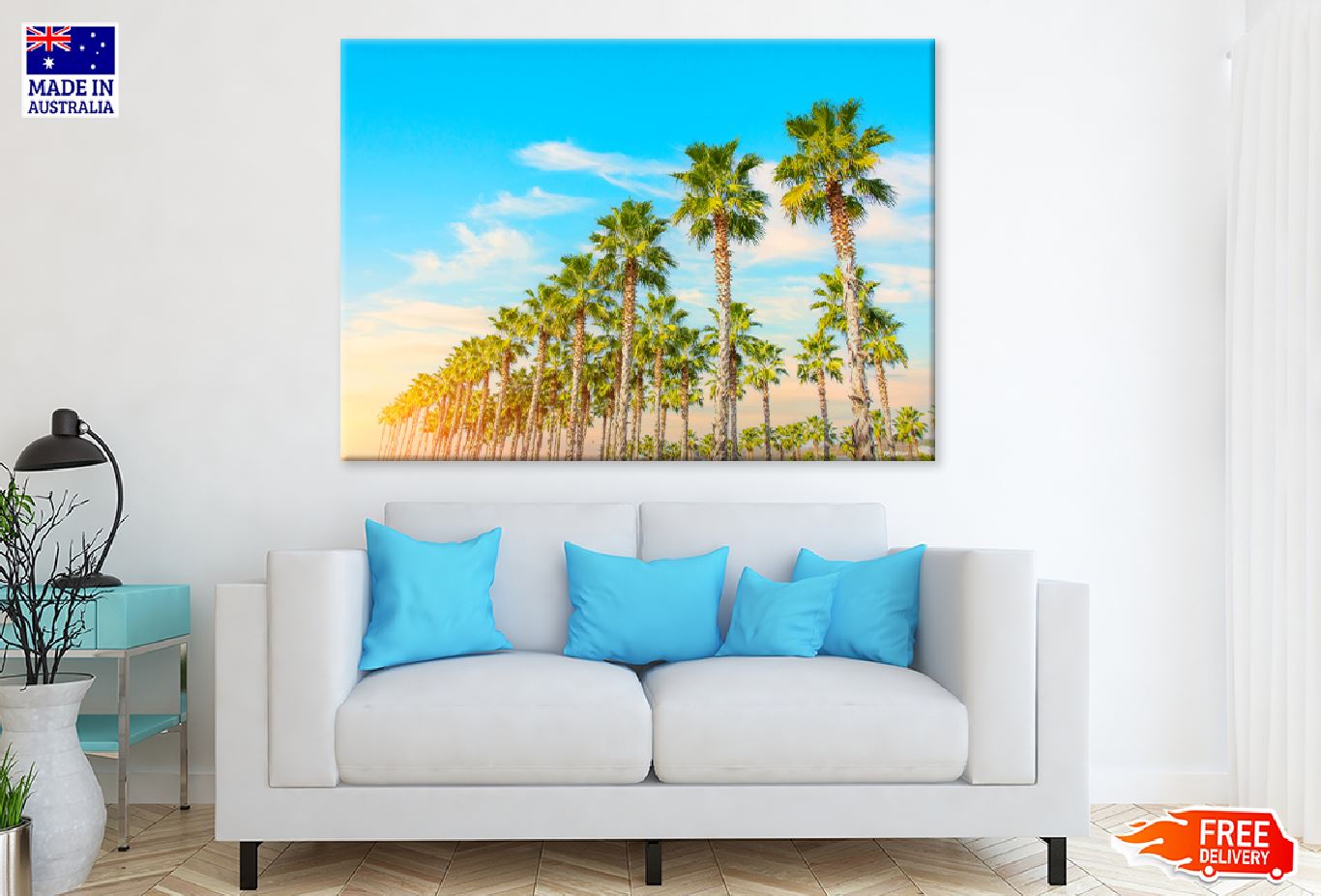 Row of Palm Trees Blue Sky Sunset Photograph Print 100% Australian Made