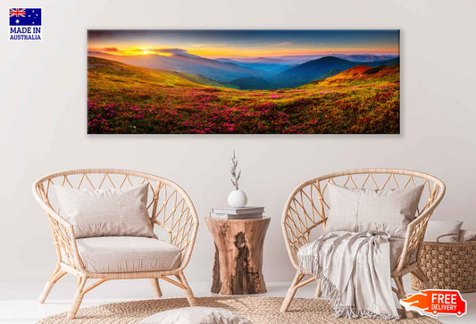 Panoramic Canvas Pink Flowers Hill Mounatins Scenery Photograph High Quality 100% Australian Made Wall Canvas Print Ready to Hang