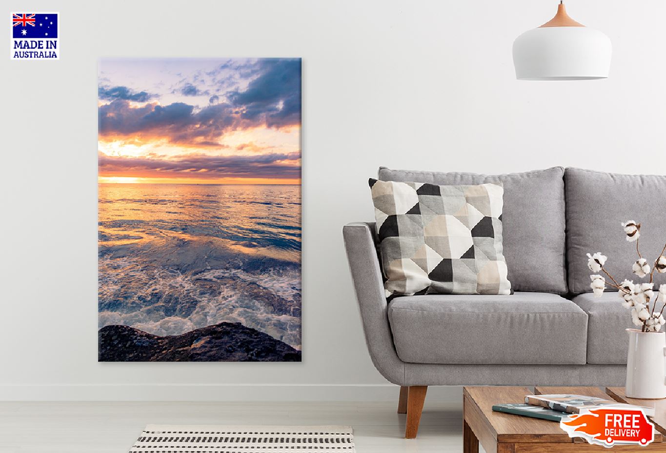 Sea Waves on Rock Sunset Scenery Photograph Print 100% Australian Made