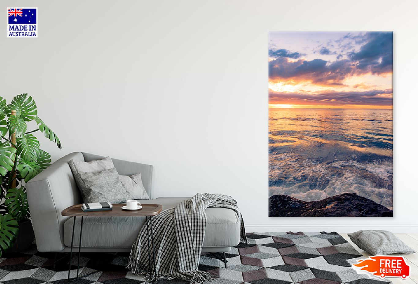 Sea Waves on Rock Sunset Scenery Photograph Print 100% Australian Made
