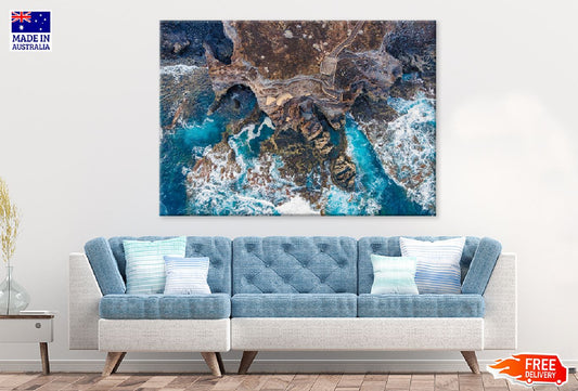 Rocks in the Sea & Waves Aerial Photograph Print 100% Australian Made