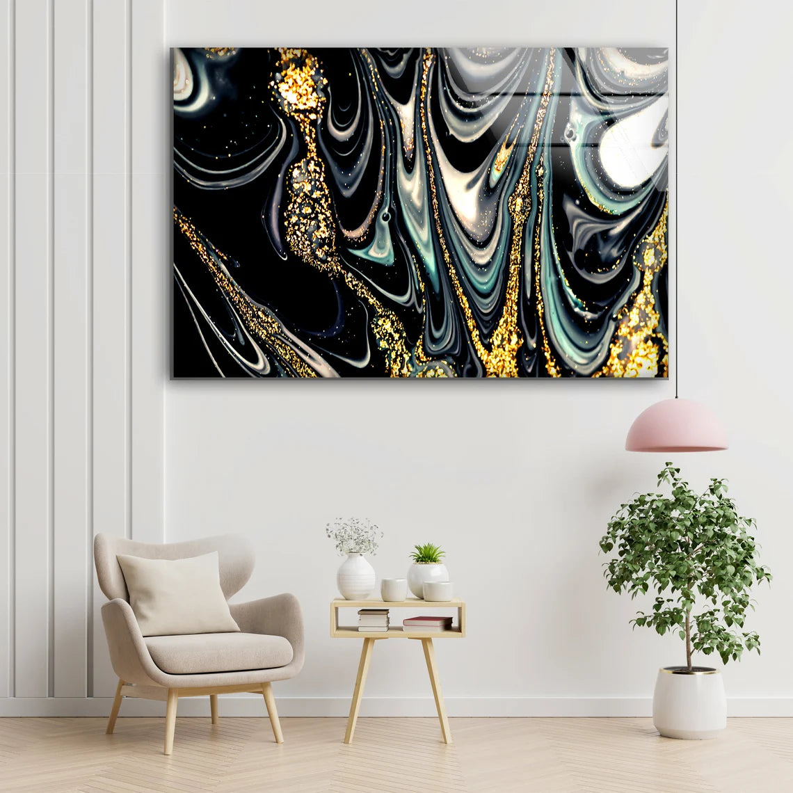 Black Blue Sliver & Gold Abstract Liquid Design Acrylic Glass Print Tempered Glass Wall Art 100% Made in Australia Ready to Hang