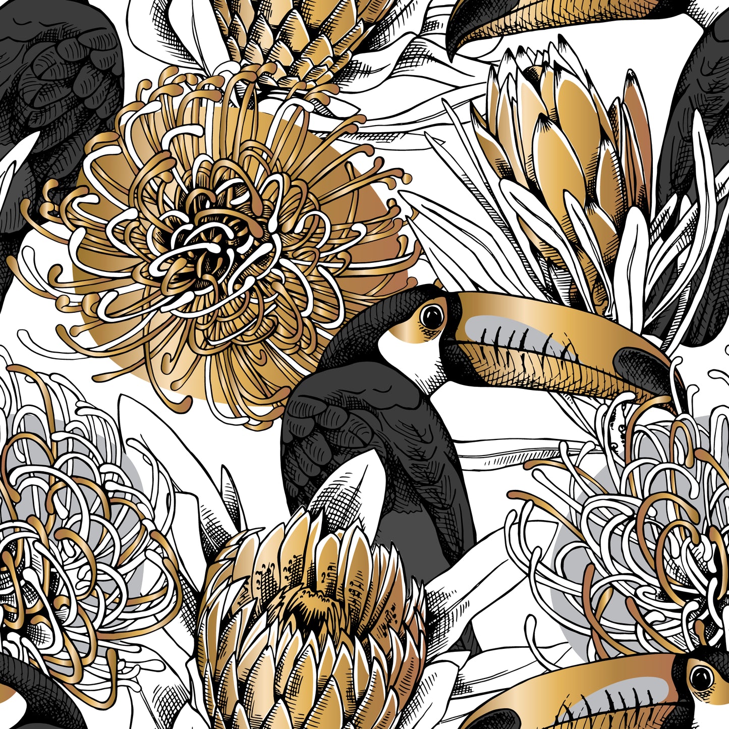 Square Canvas Gold & Black Floral & Bird Design High Quality Print 100% Australian Made