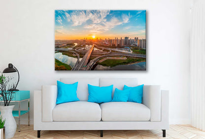 Bella Home Sunrise & Flyover of Urban Overpass Print Canvas Ready to hang