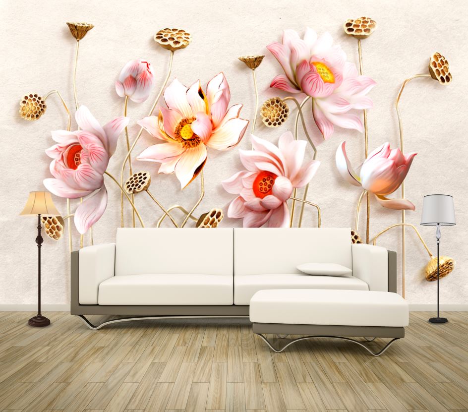 Wallpaper Murals Peel and Stick Removable Pink Gold Floral Design High Quality