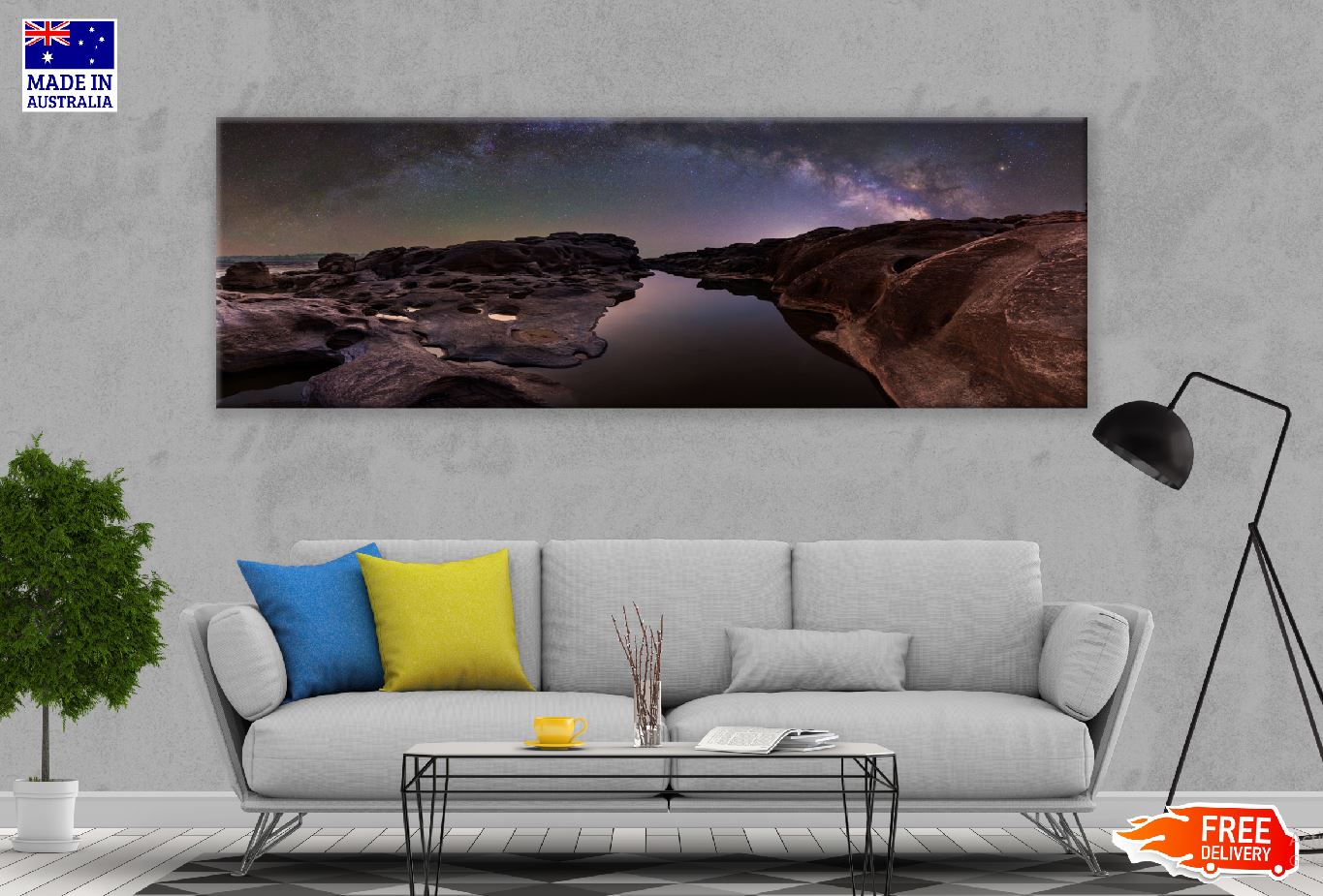 Panoramic Canvas Rocks Milky Way Sky Scenery High Quality 100% Australian Made Wall Canvas Print Ready to Hang