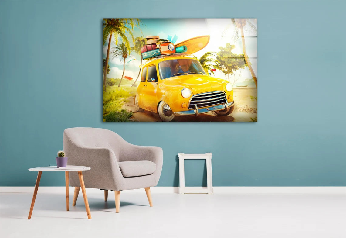 Yellow Car with Surf Boards Photograph Acrylic Glass Print Tempered Glass Wall Art 100% Made in Australia Ready to Hang