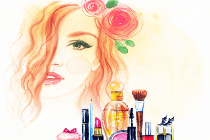 Woman Face and Makeup Products Watercolor Painting Print 100% Australian Made