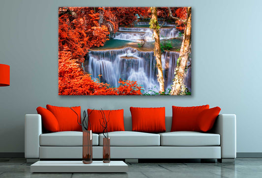 Bella Home Waterfall in Autumn Scenery View Print Canvas Ready to hang