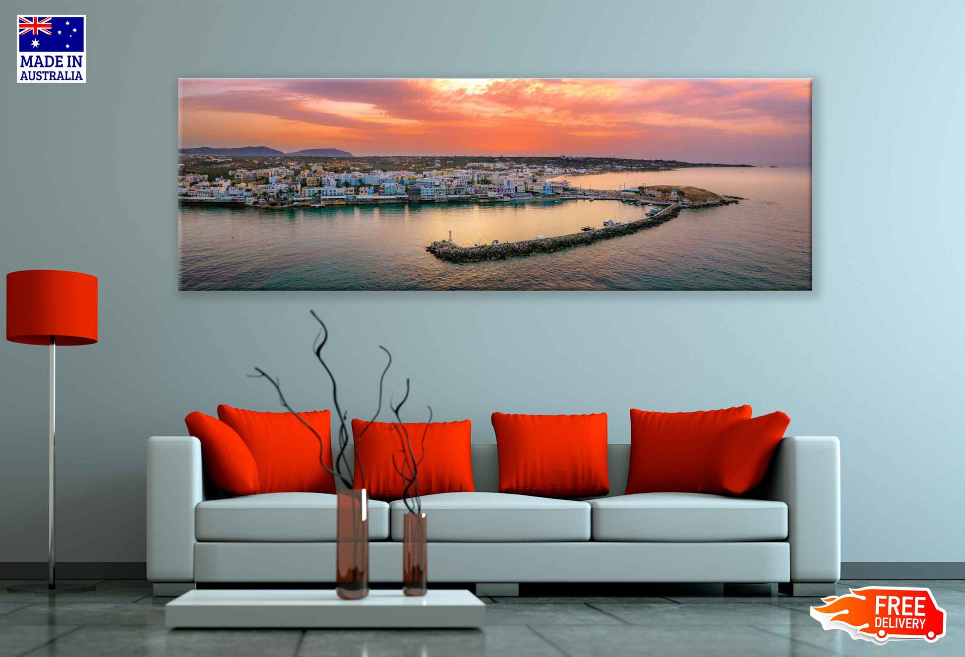 Panoramic Canvas Resort Chersonissos With Pink Sky High Quality 100% Australian Made Wall Canvas Print Ready to Hang