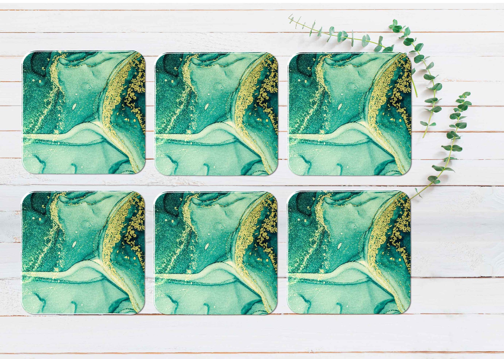 Green Gold Splash Abstract Design Coasters Wood & Rubber - Set of 6 Coasters