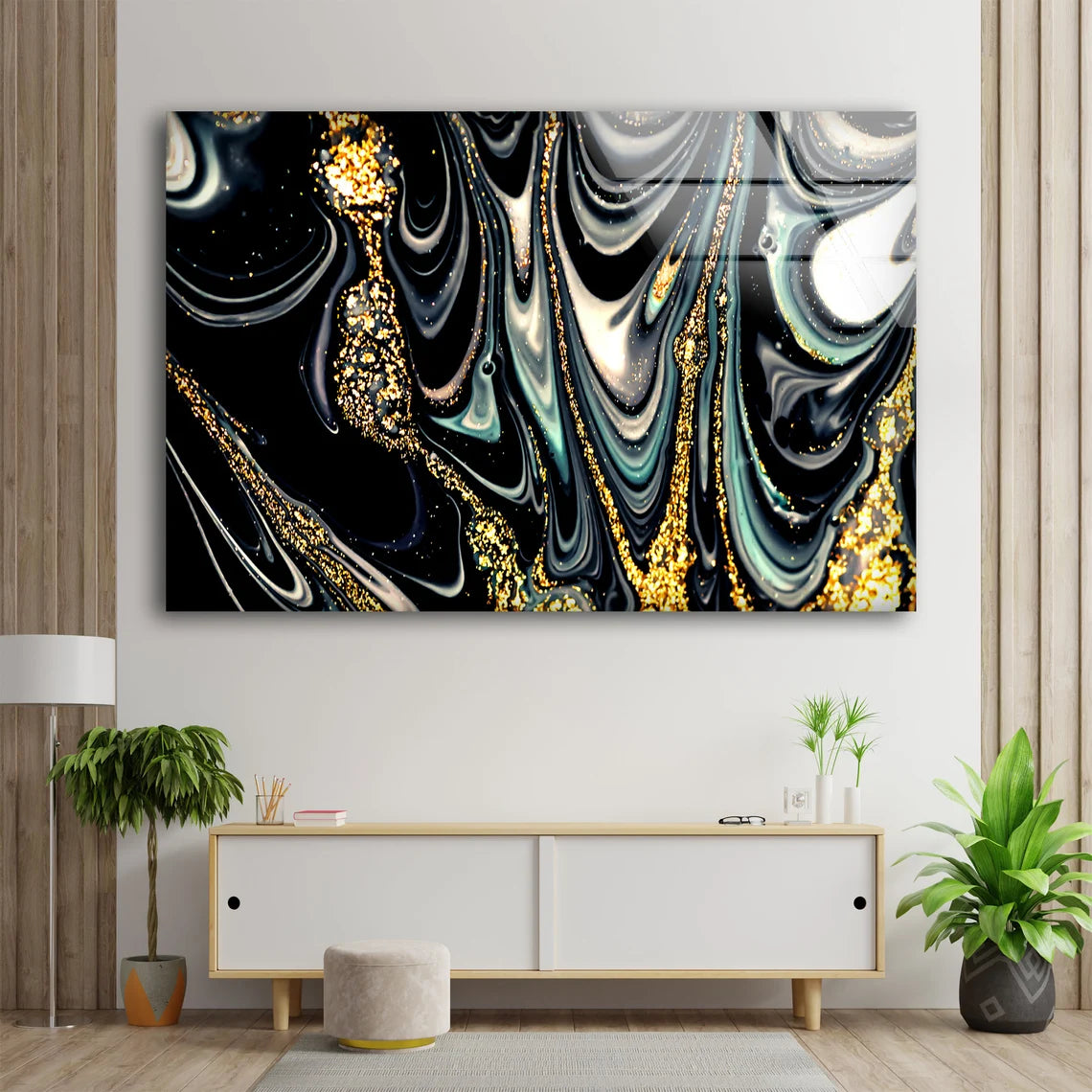 Black Blue Sliver & Gold Abstract Liquid Design Acrylic Glass Print Tempered Glass Wall Art 100% Made in Australia Ready to Hang