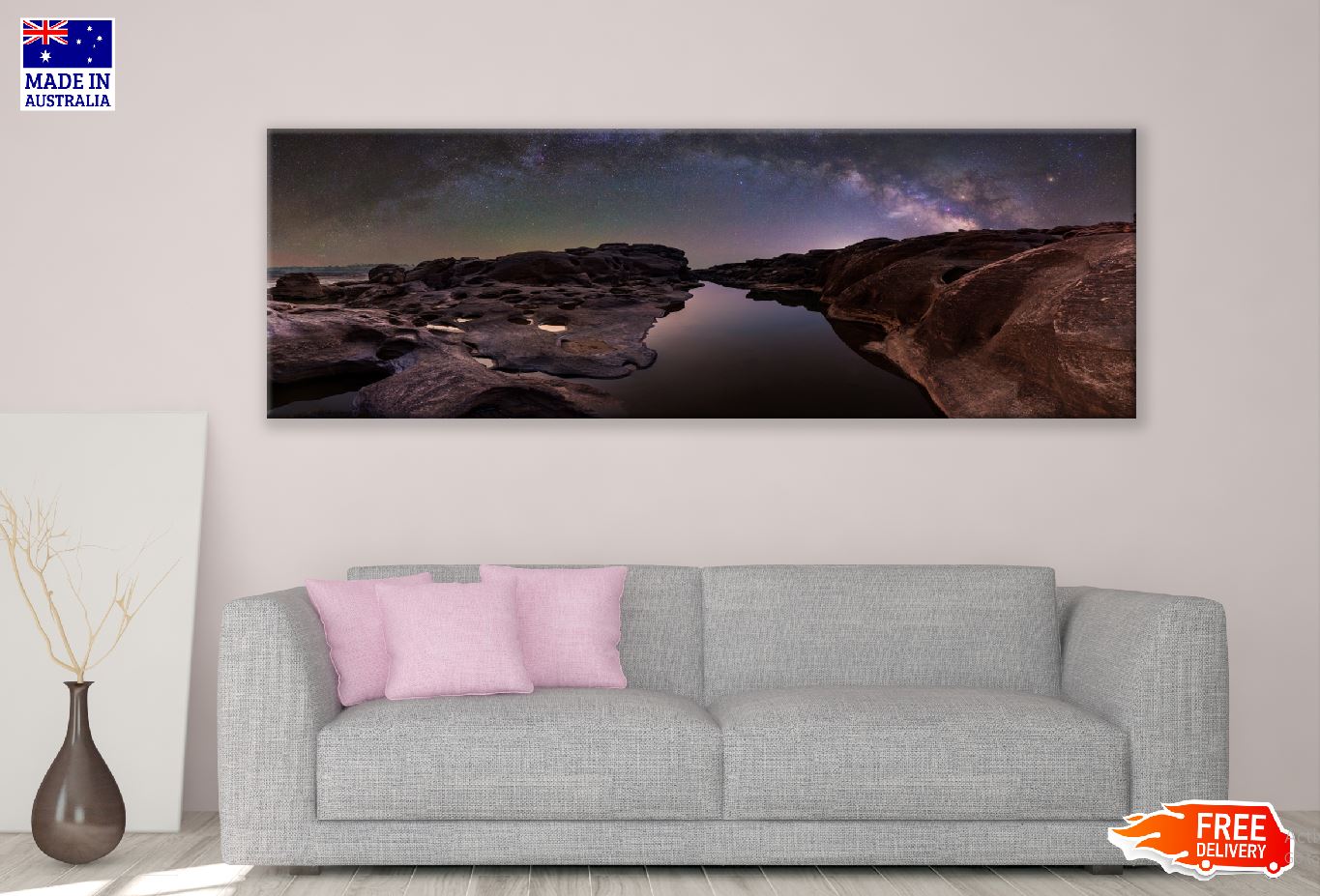 Panoramic Canvas Rocks Milky Way Sky Scenery High Quality 100% Australian Made Wall Canvas Print Ready to Hang