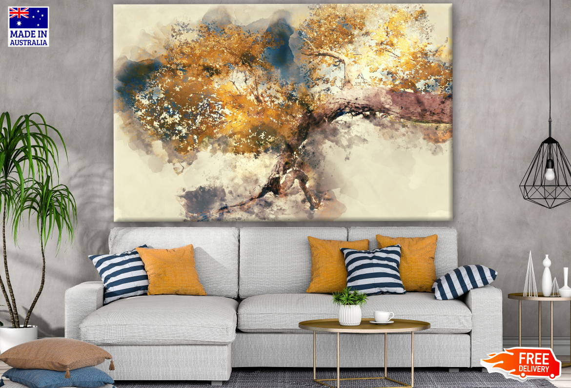 Abstract Trees in Autumn with Yellow Leaves Digital Watercolor Painting Print 100% Australian Made