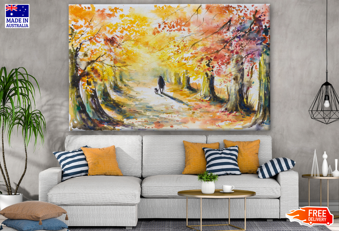 Man Walking with A Dog in Autumn Tree Park Painting Print 100% Australian Made