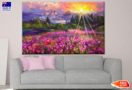 Abstract Colourful Purple Cosmos Flower Sunrise Oil Painting Print 100% Australian Made