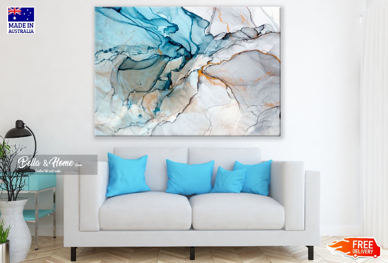 Grey Blue & Gold Abstract Design Print 100% Australian Made