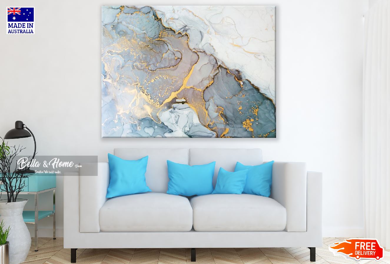 Blue White & Gold Abstract Design Print 100% Australian Made