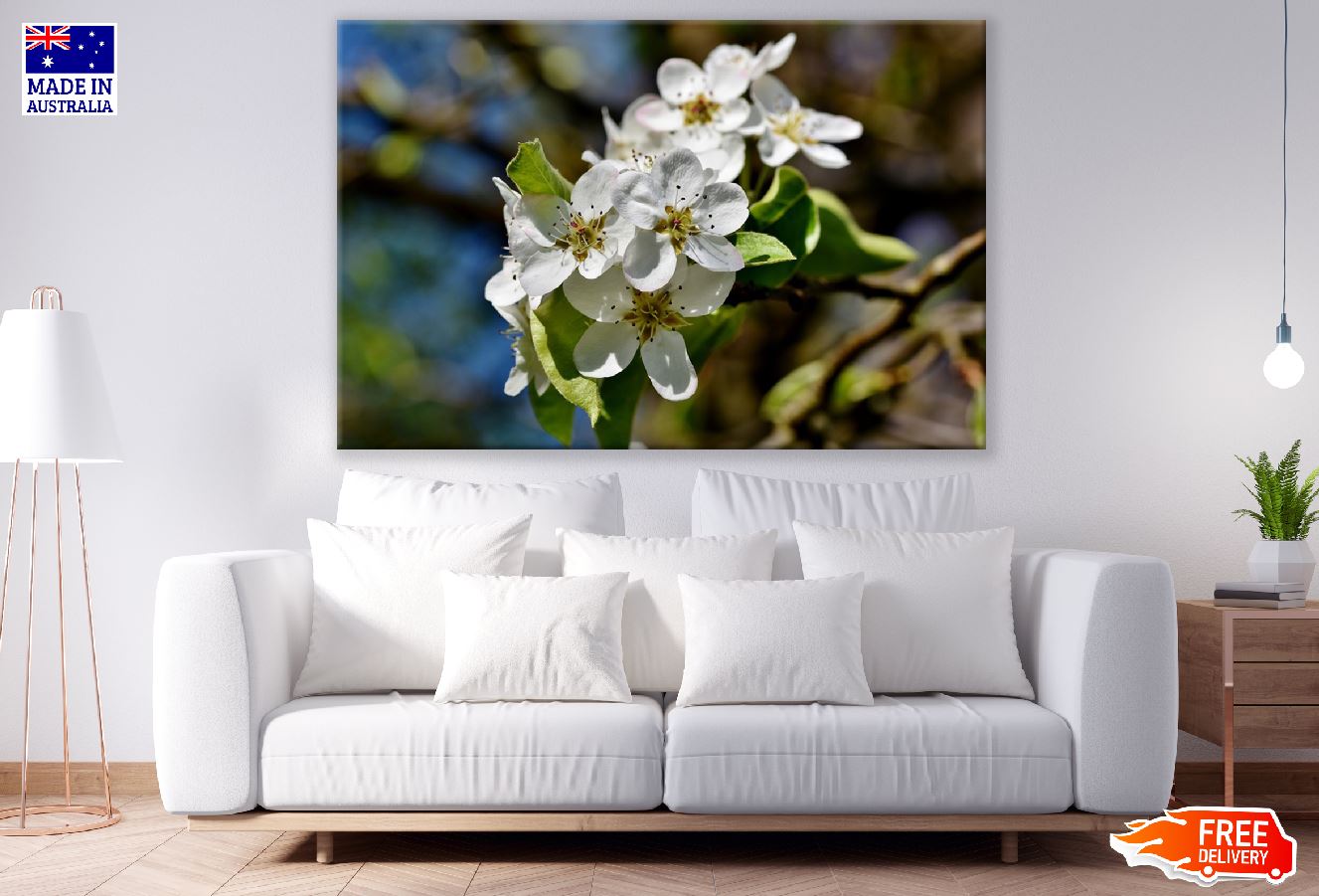 White Pear Blossom Flowers with Leaves Photograph Print 100% Australian Made