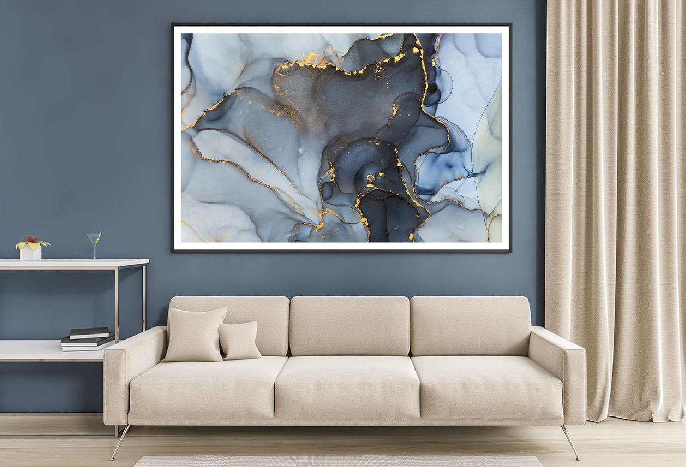 Blue Grey & Gold Fluid Abstract Design Home Decor Premium Quality Poster Print Choose Your Sizes