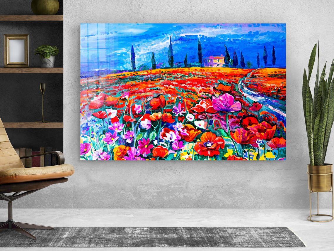 Flower Field Painting Print Tempered Glass Wall Art 100% Made in Australia Ready to Hang