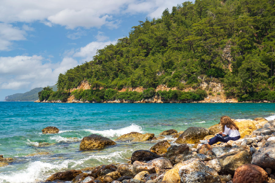 Girl Sitting on Cliffs by the Sea View Photograph Home Decor Premium Quality Poster Print Choose Your Sizes