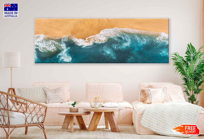 Panoramic Canvas Beach Waves on Sand Aerial View Photograph High Quality 100% Australian Made Wall Canvas Print Ready to Hang