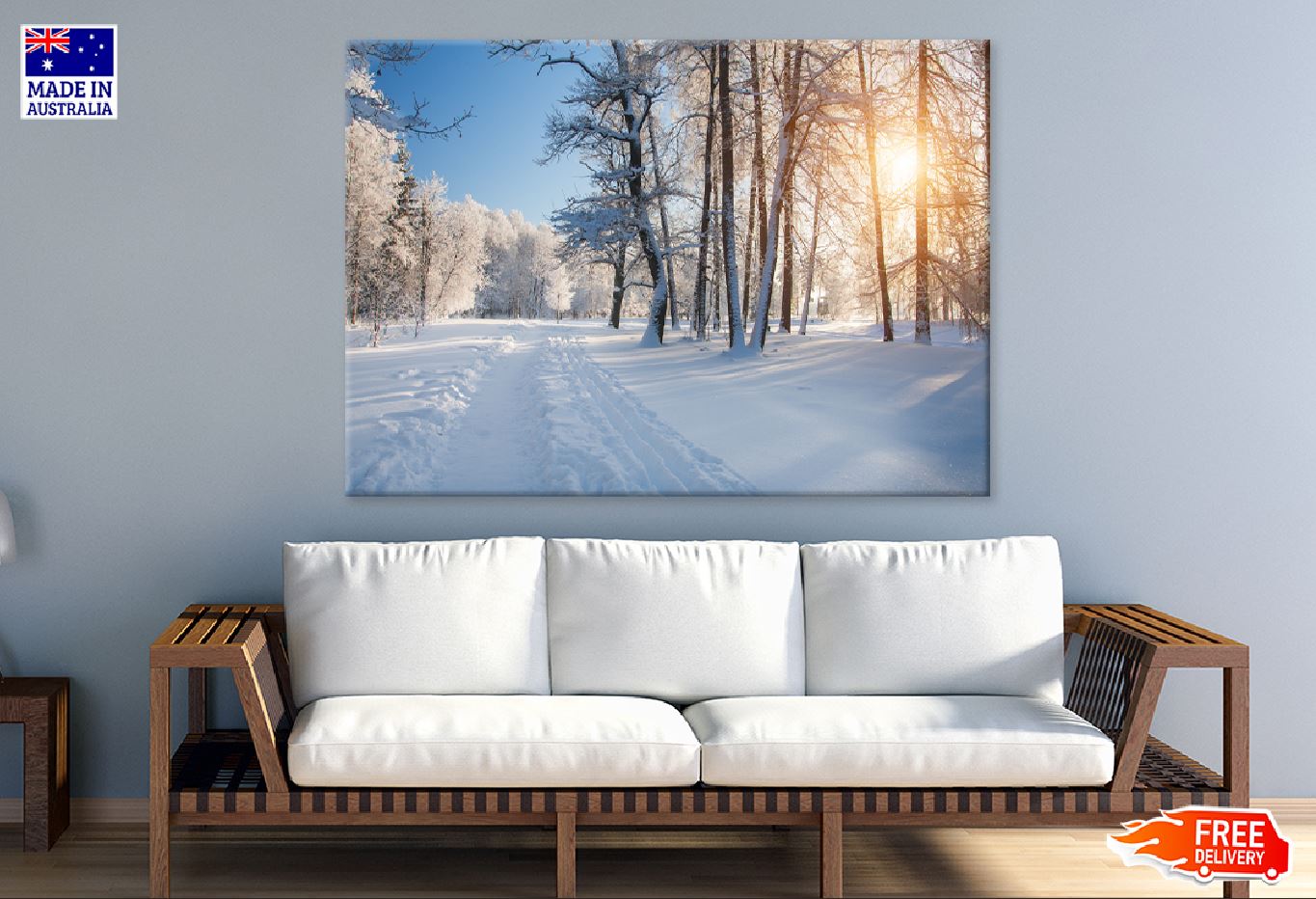 Snow Trees Pathway Sunset View Photograph Print 100% Australian Made