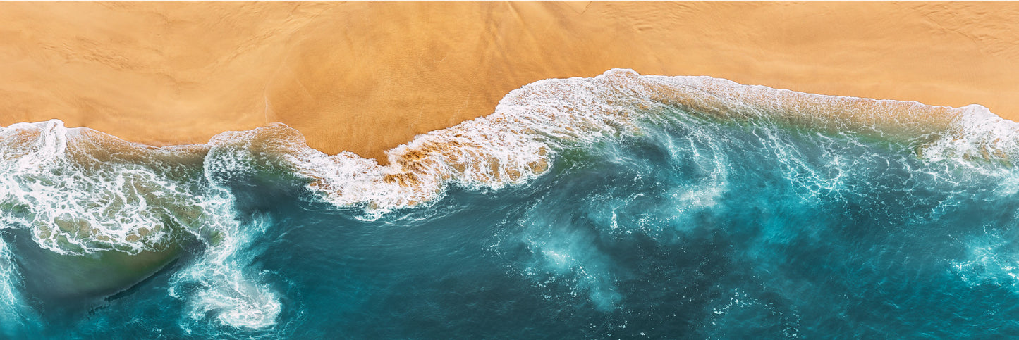 Panoramic Canvas Beach Waves on Sand Aerial View Photograph High Quality 100% Australian Made Wall Canvas Print Ready to Hang