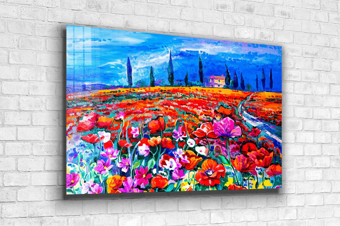 Flower Field Painting Print Tempered Glass Wall Art 100% Made in Australia Ready to Hang