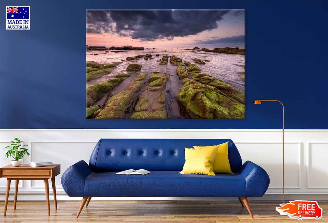 Sunset Seascape with Green Moss Photograph Print 100% Australian Made