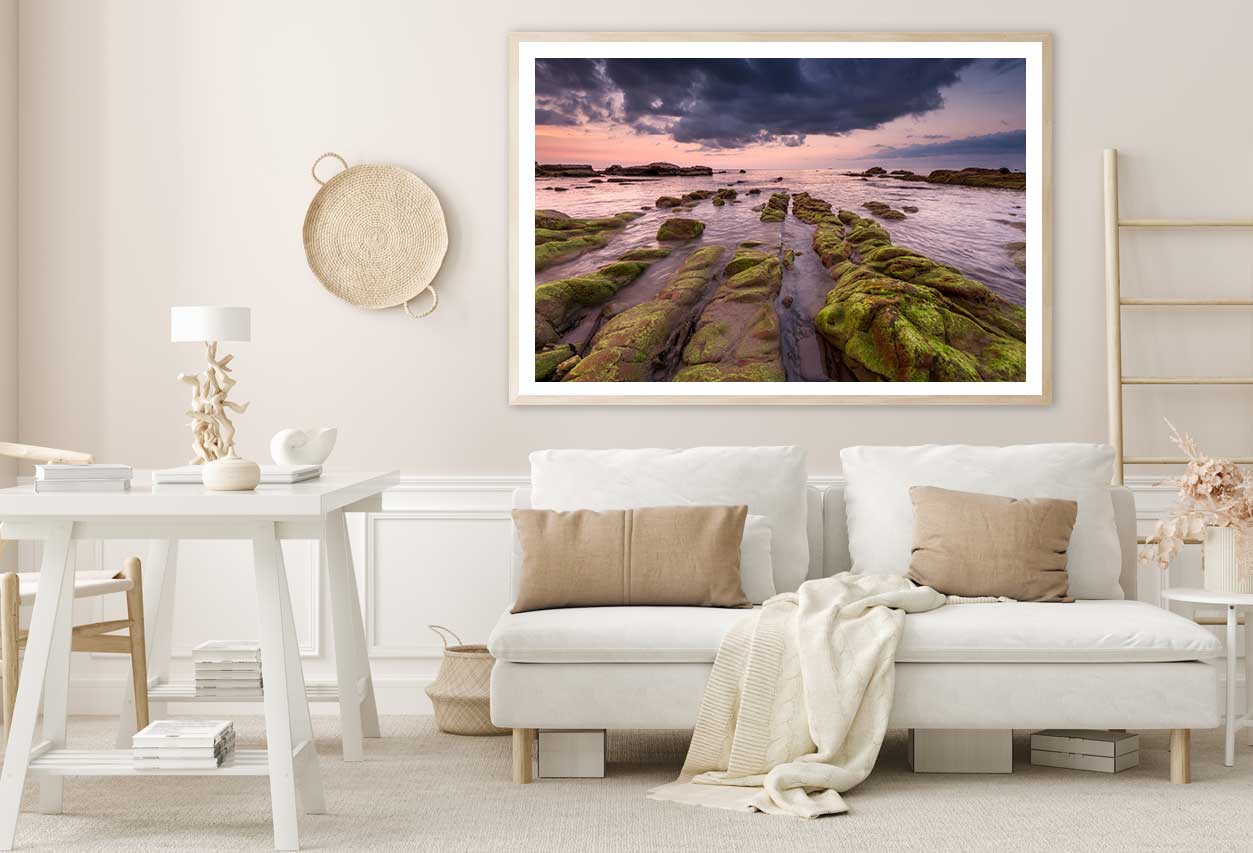 Sunset Seascape with Green Moss Photograph Home Decor Premium Quality Poster Print Choose Your Sizes