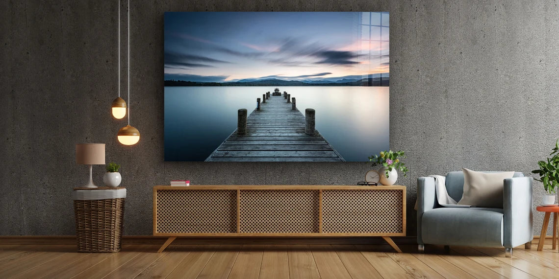 Wooden Pier & Lake Print Tempered Glass Wall Art 100% Made in Australia Ready to Hang