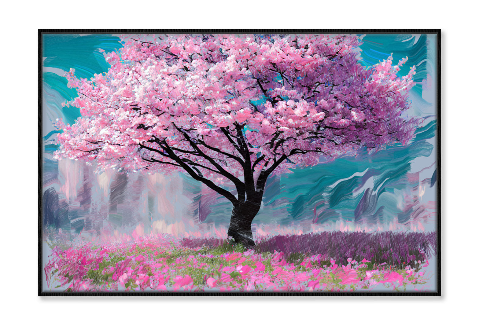 Pink Sakura Cherry Tree Watercolor Painting Wall Art Limited Edition High Quality Print Canvas Box Framed Black