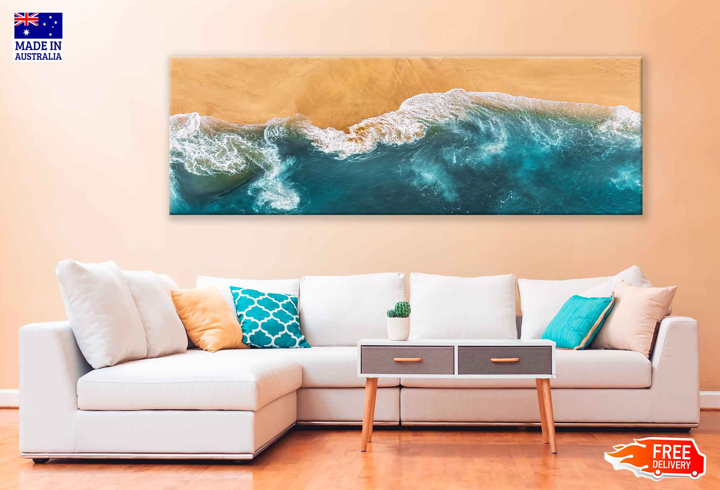 Panoramic Canvas Beach Waves on Sand Aerial View Photograph High Quality 100% Australian Made Wall Canvas Print Ready to Hang