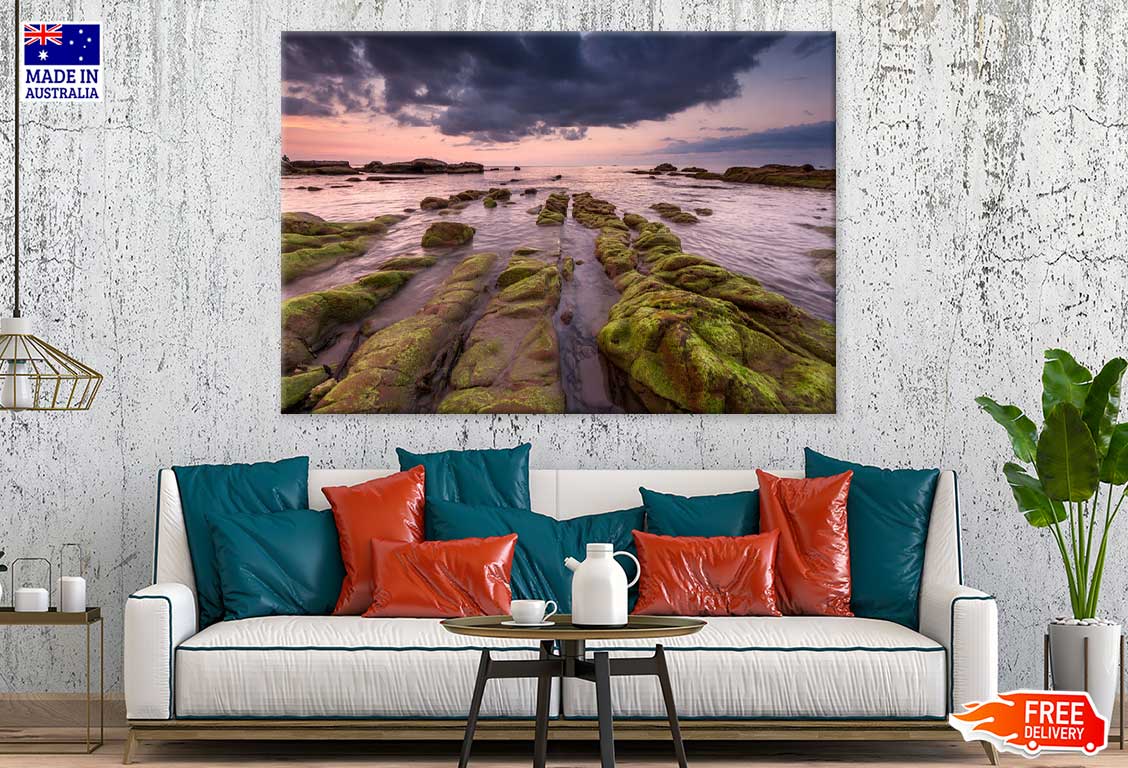Sunset Seascape with Green Moss Photograph Print 100% Australian Made