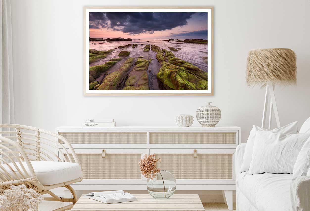 Sunset Seascape with Green Moss Photograph Home Decor Premium Quality Poster Print Choose Your Sizes