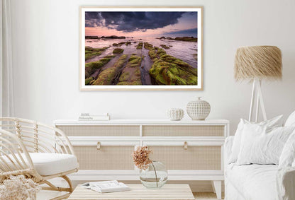 Sunset Seascape with Green Moss Photograph Home Decor Premium Quality Poster Print Choose Your Sizes