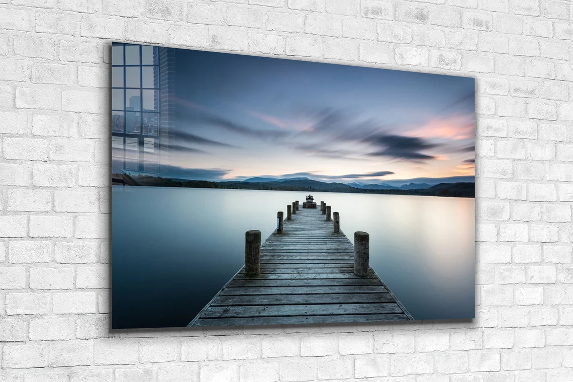 Wooden Pier & Lake Print Tempered Glass Wall Art 100% Made in Australia Ready to Hang