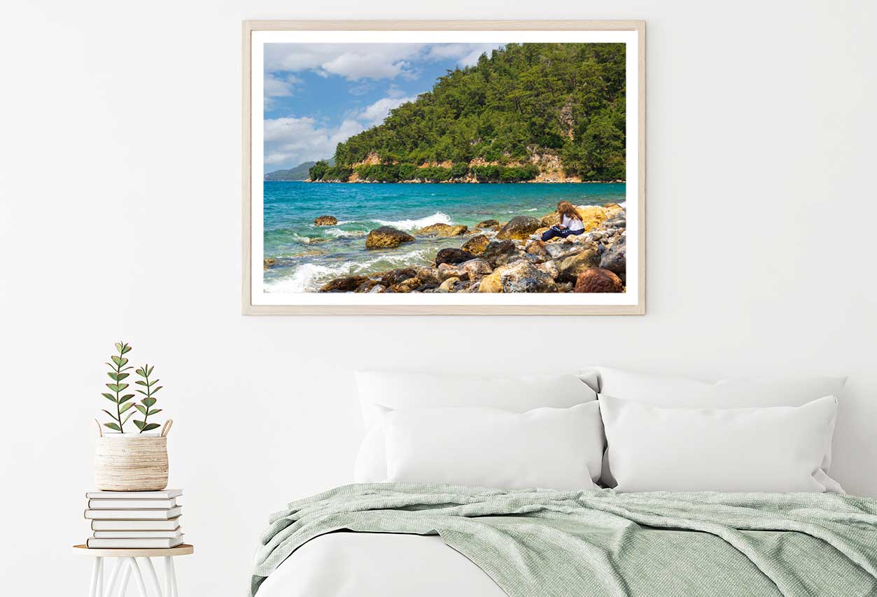 Girl Sitting on Cliffs by the Sea View Photograph Home Decor Premium Quality Poster Print Choose Your Sizes