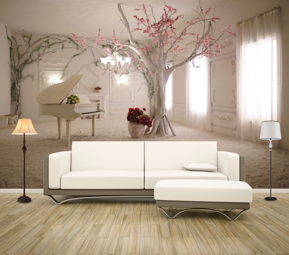 Wallpaper Murals Peel and Stick Removable Tree & Piano with Flowers in A room High Quality